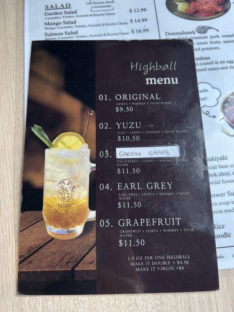 Yume Dining - Vancouver, BC menu_pic