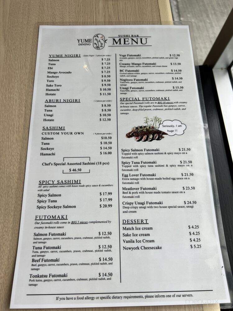 Yume Dining - Vancouver, BC menu_pic