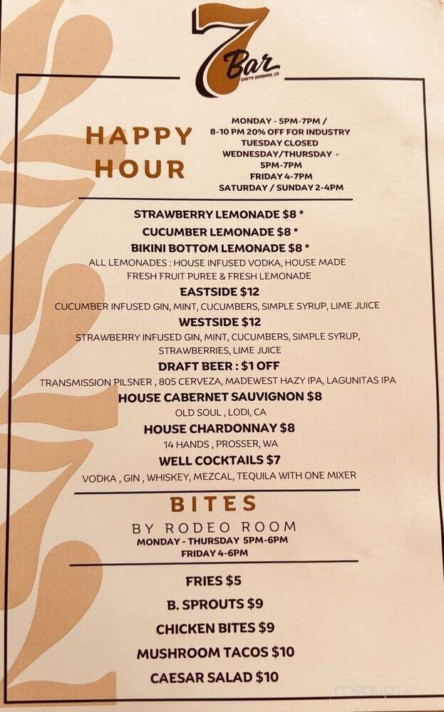 Seven Bar - Santa Barbara, CA menu_pic