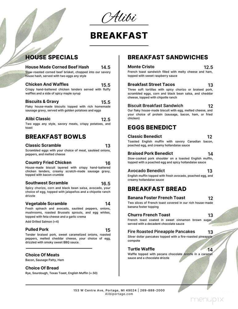 Alibi Breakfast Lunch Dinner and Bar - Portage, MI menu_pic