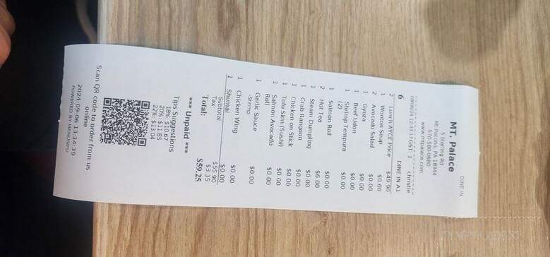 Mt Palace - Mount Pocono, PA menu_pic