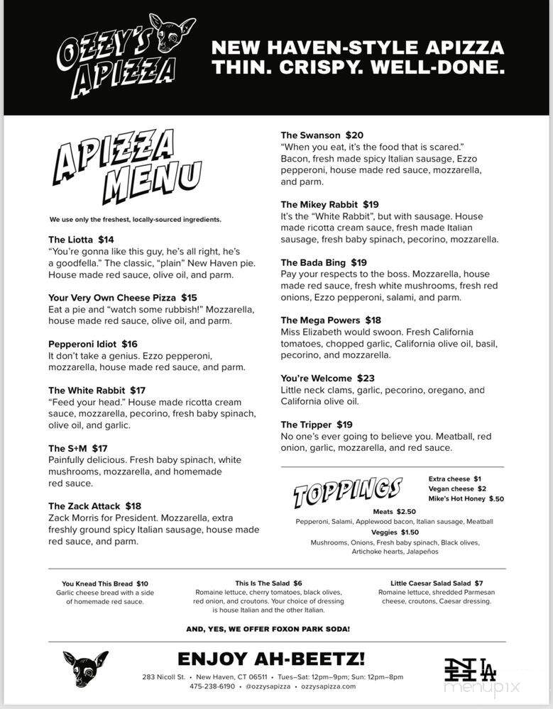Ozzy's Apizza - New Haven, CT menu_pic
