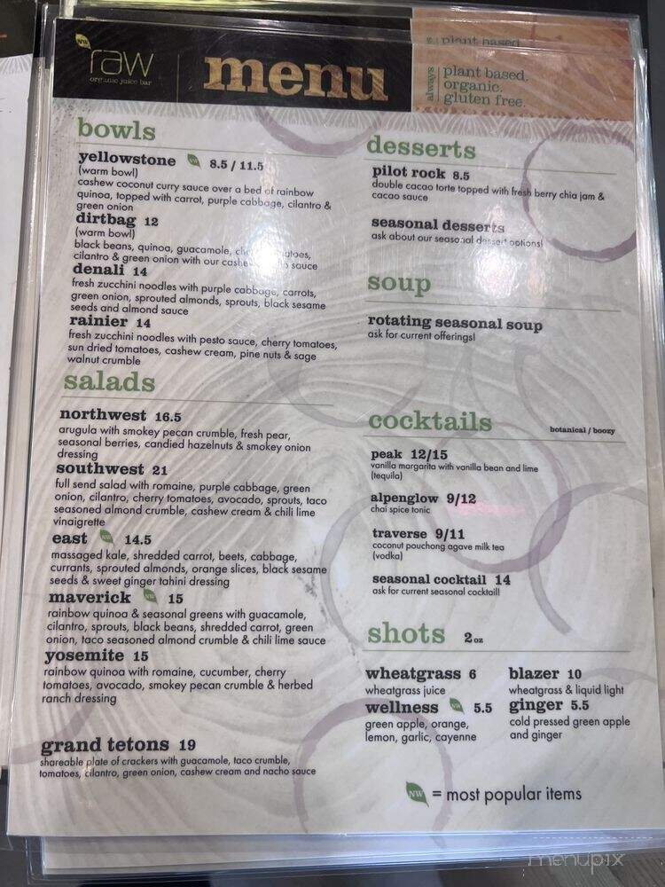 NW Raw Organic Juice Bar - Bend, OR menu_pic
