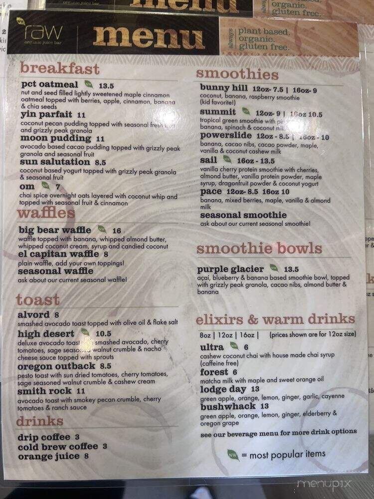 NW Raw Organic Juice Bar - Bend, OR menu_pic