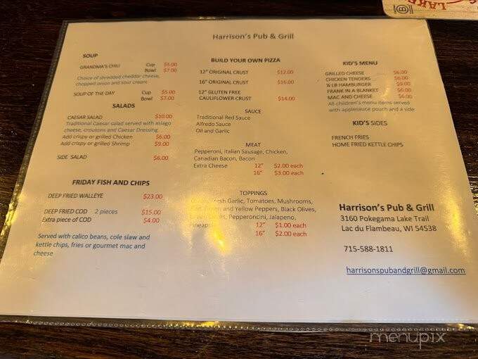Harrison's Pub & Grill - Lac du Flambeau, WI menu_pic