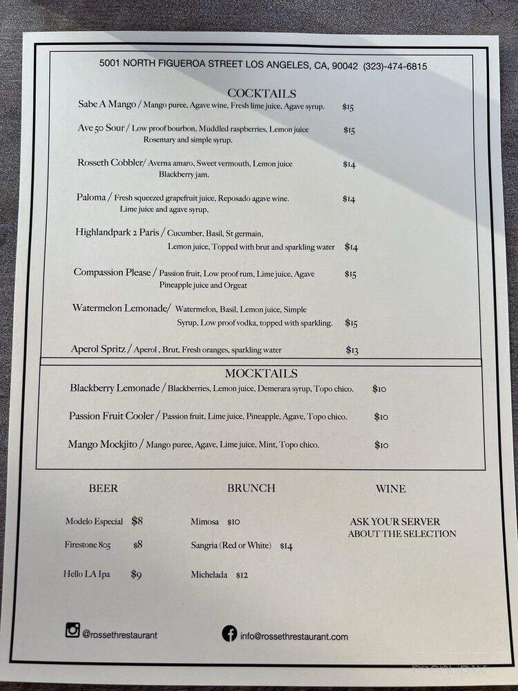 Rosseth Restaurant - Los Angeles, CA menu_pic
