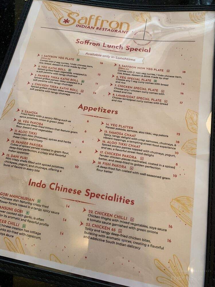 Saffron Indian Restaurant - Zionsville, IN menu_pic