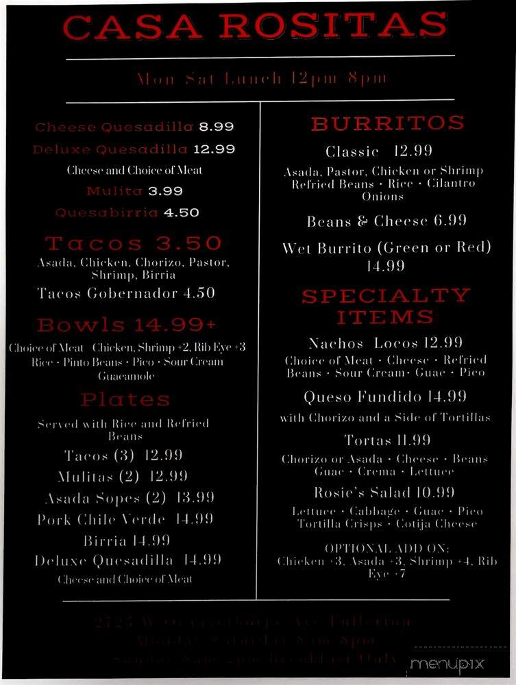 Casa Rositas - Fullerton, CA menu_pic