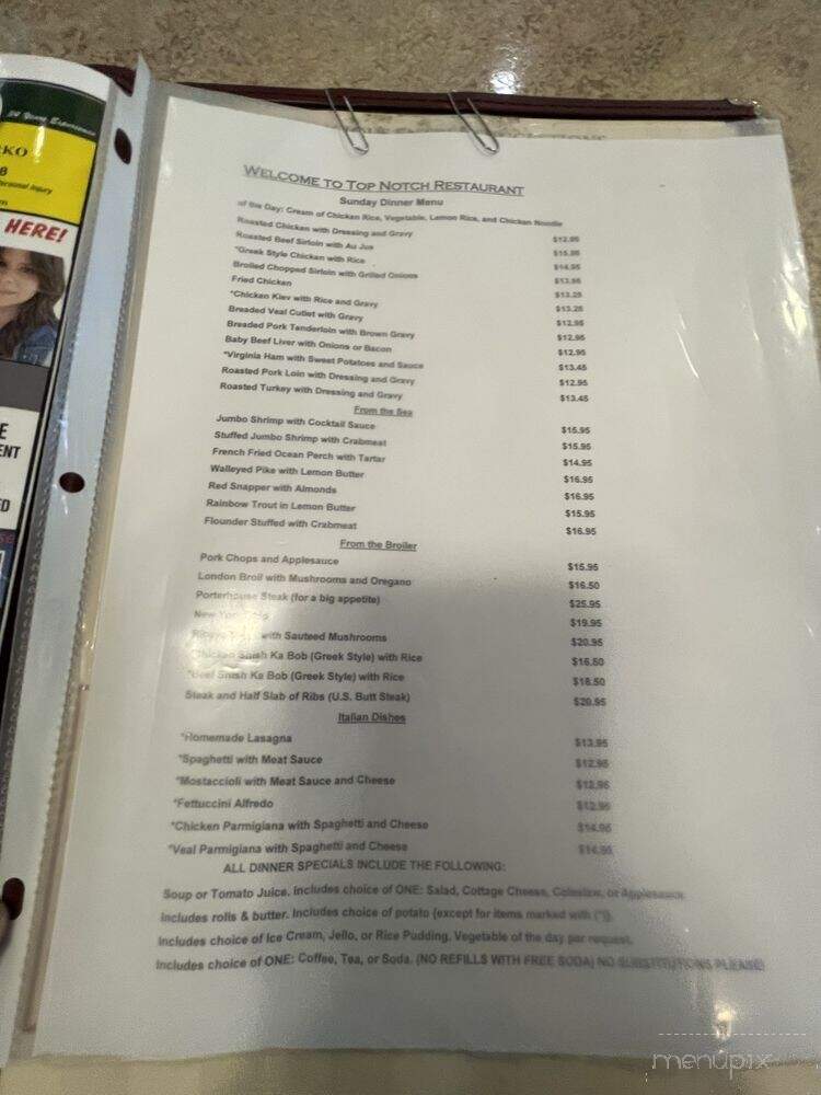 Top Notch Restaurant - Highland, IN menu_pic