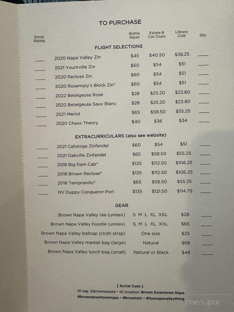 Brown Estate Vineyards - St. Helena, CA menu_pic