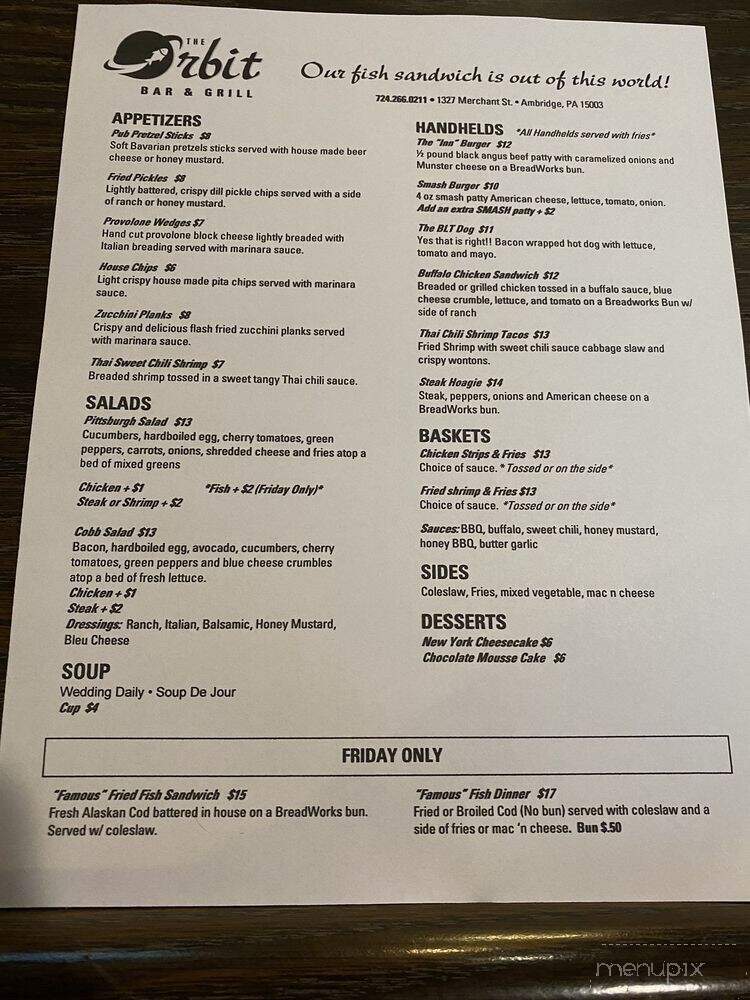 Orbit Inn - Ambridge, PA menu_pic