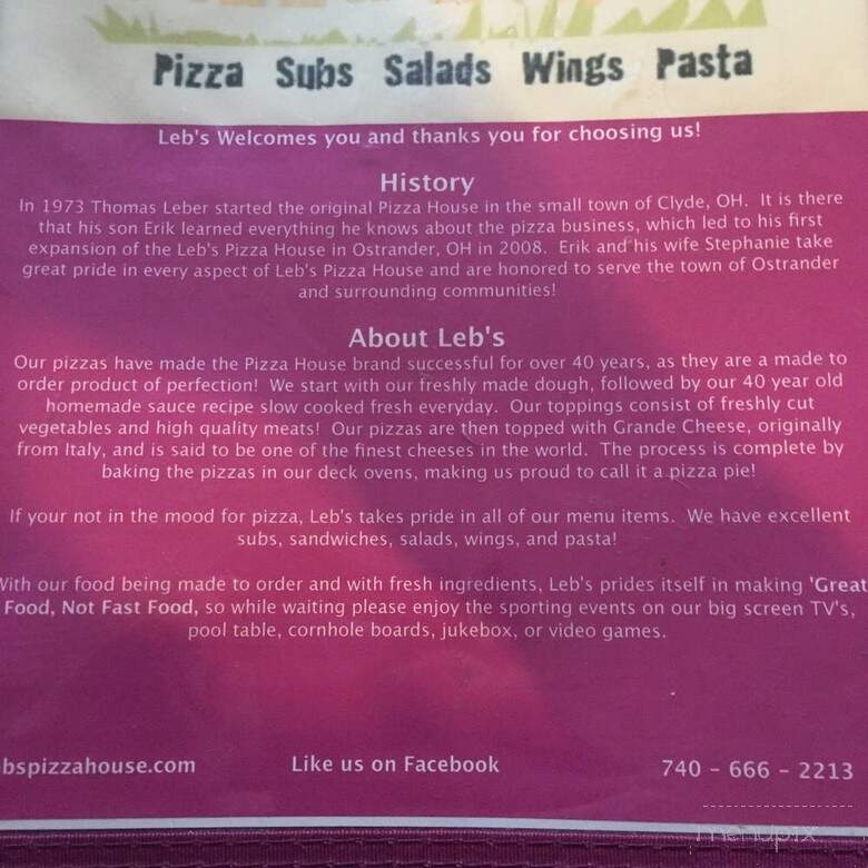 Leb's Pizza House - Ostrander, OH menu_pic