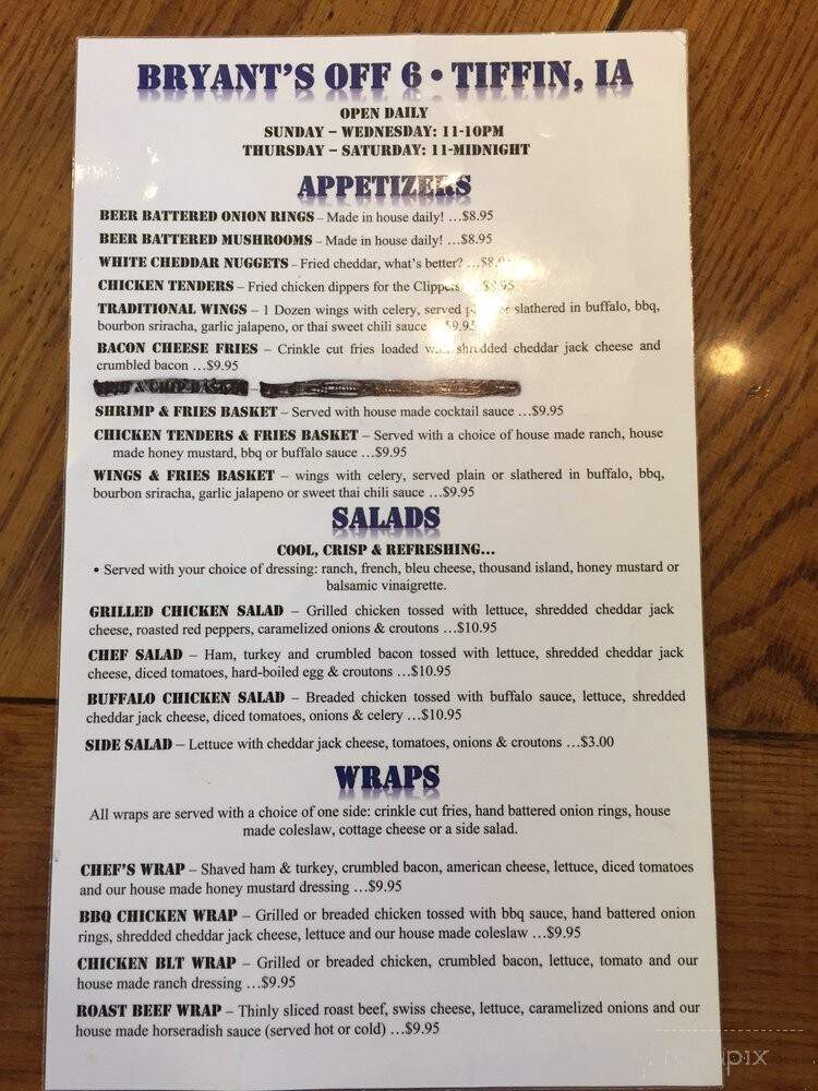 Bryants Off 6 - Tiffin, IA menu_pic