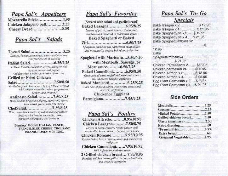 Papa Sal's Italian Restaurant - Clay, AL menu_pic