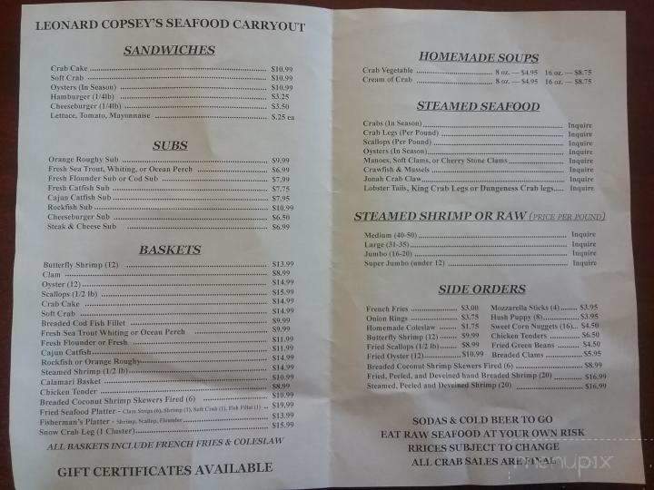 Copsey's Seafood - Mechanicsville, MD menu_pic