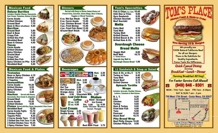 Tom's Place - Costa Mesa, CA menu_pic