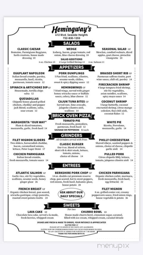 Hemingway's - Seaside Heights, NJ menu_pic
