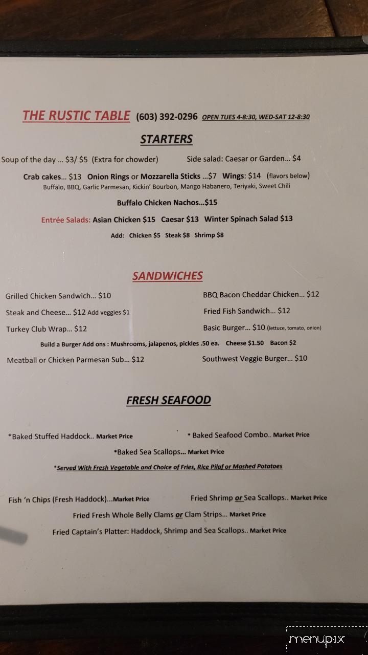 The Rustic Table - Winchester, NH menu_pic