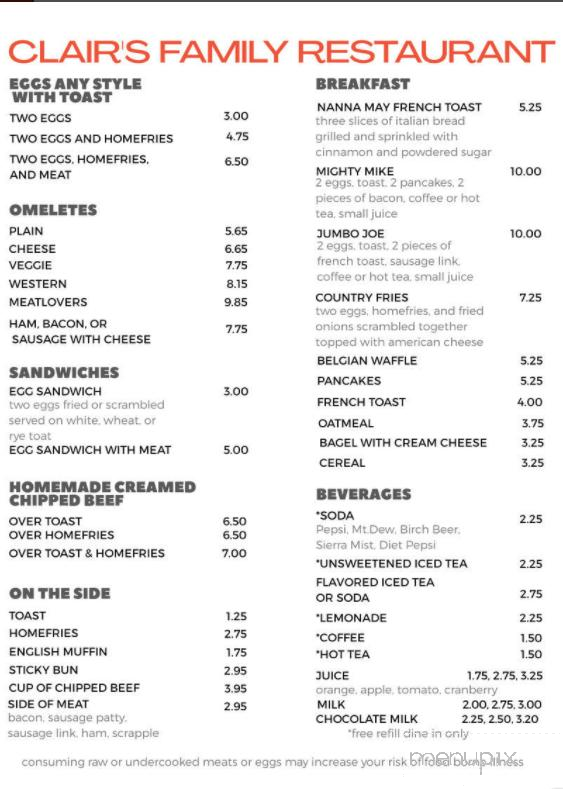 Clair's Family Restaurant - Hanover, PA menu_pic
