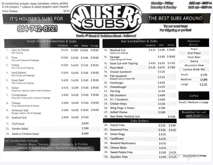 Houser Subs - Bellwood, PA menu_pic