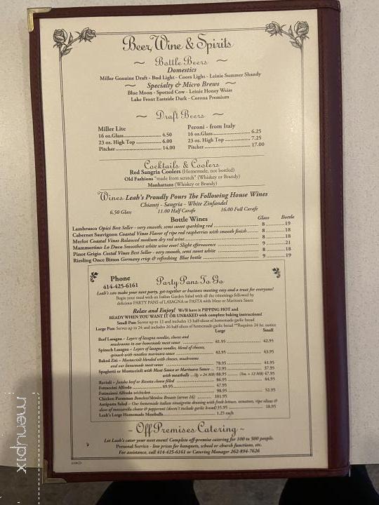 Leah's Italian Restaurant - Muskego, WI menu_pic