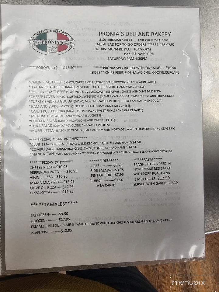 Pronia's Deli - Lake Charles, LA menu_pic