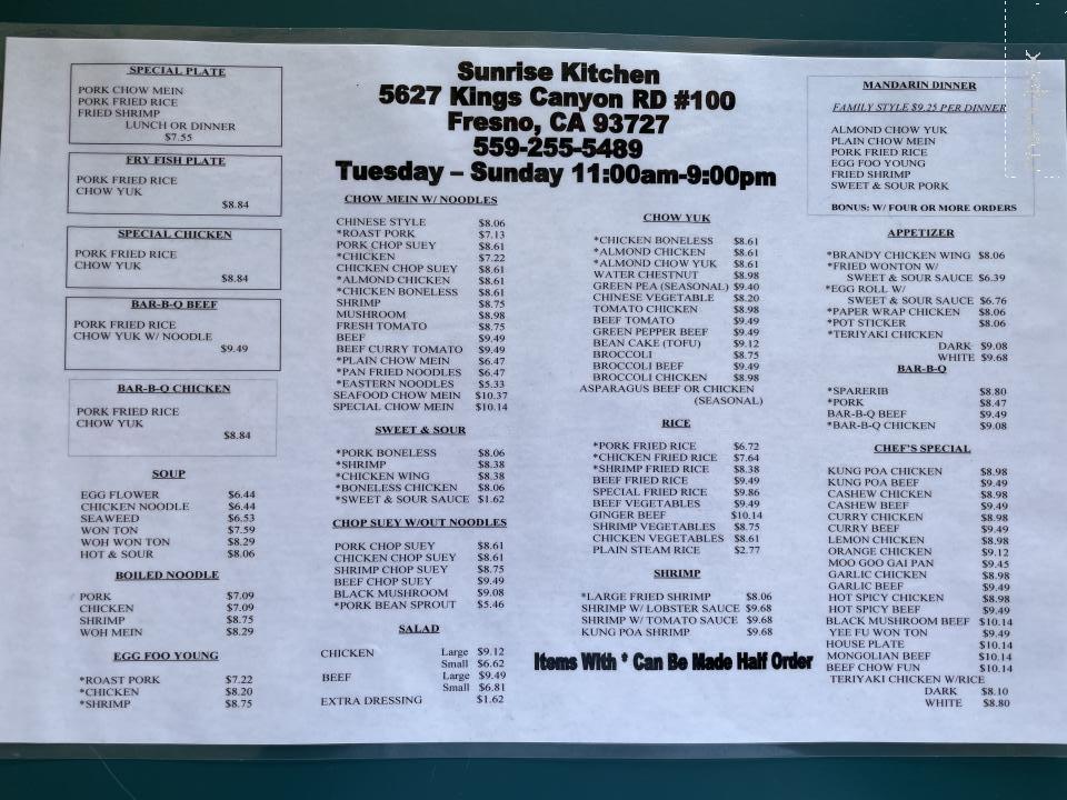 Menu of Sunrise Kitchen in Fresno, CA 93727
