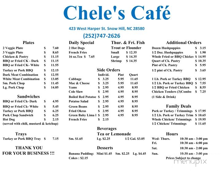 Chele's Cafe - Snow Hill, NC menu_pic