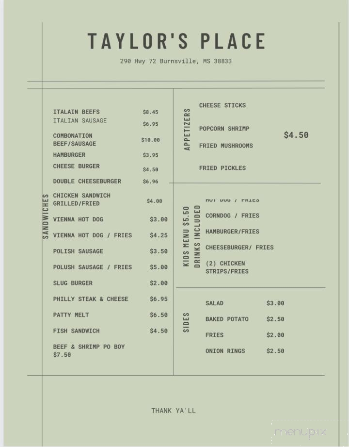 Taylor's Place - Burnsville, MS menu_pic