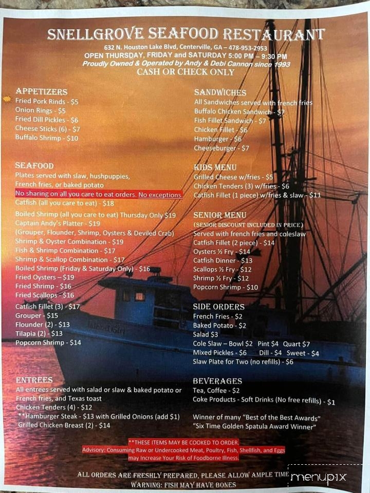 Snellgrove Seafood - Centerville, GA menu_pic