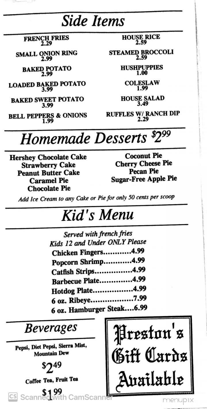 Preston's Restaurant - Lexington, AL menu_pic