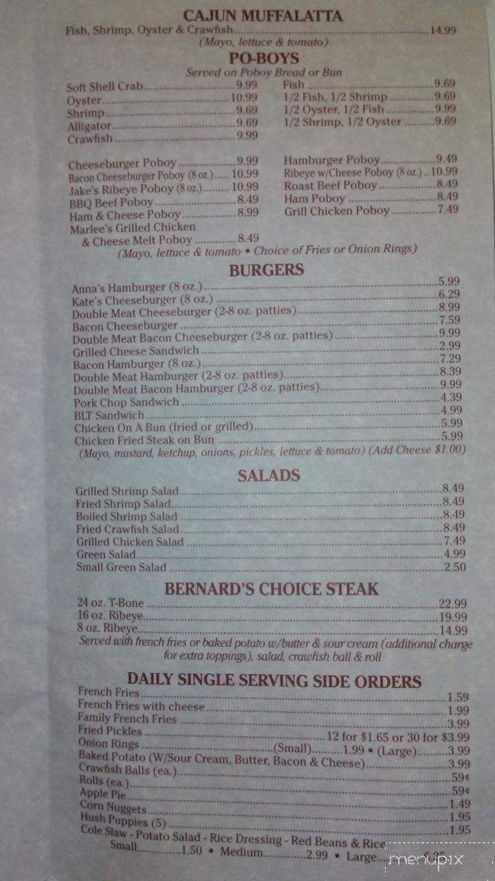 Bernard Cajun Sea-Fry Restaurant - Cottonport, LA menu_pic