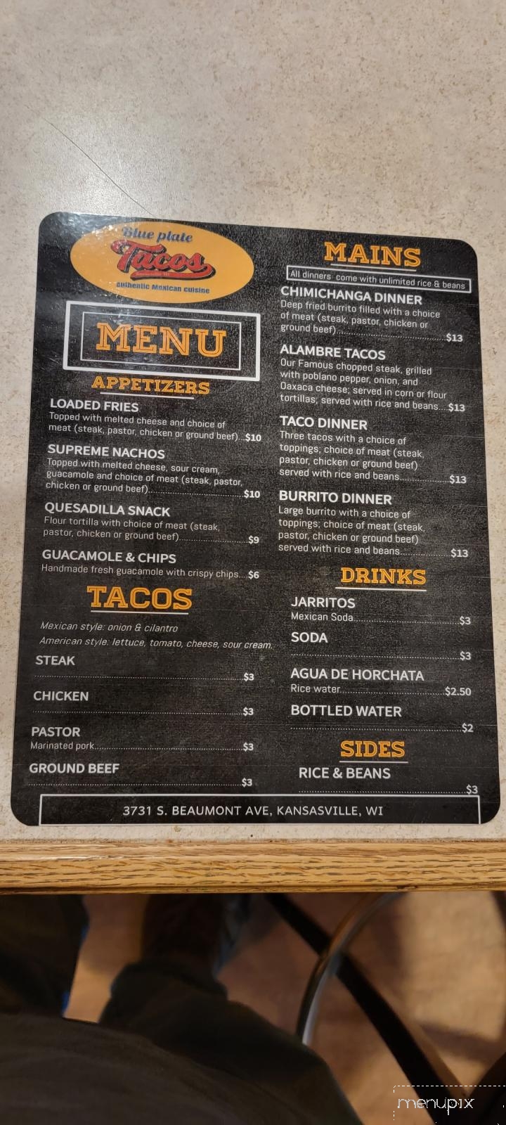 Blue Plate Tacos - Kansasville, WI menu_pic