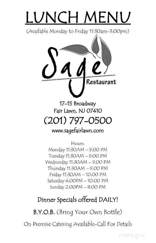 Menu of Sage Restaurant in Fair Lawn, NJ 07410