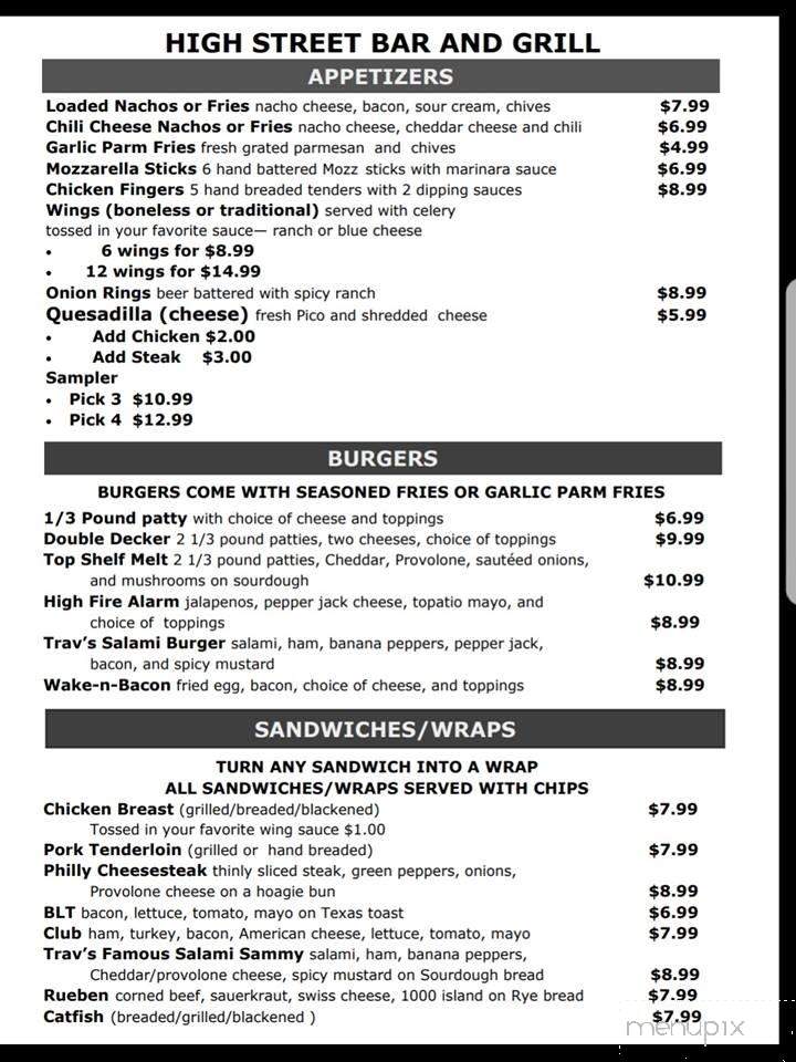 High Street Bar & Grill - Wingate, IN menu_pic