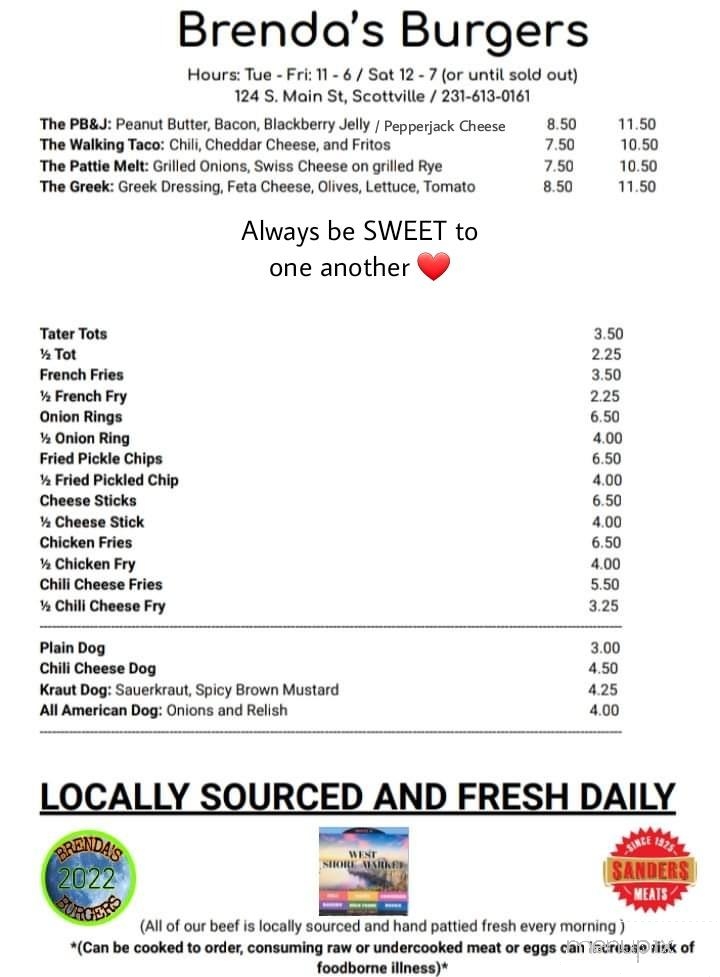 Brenda's Burgers - Scottville, MI menu_pic