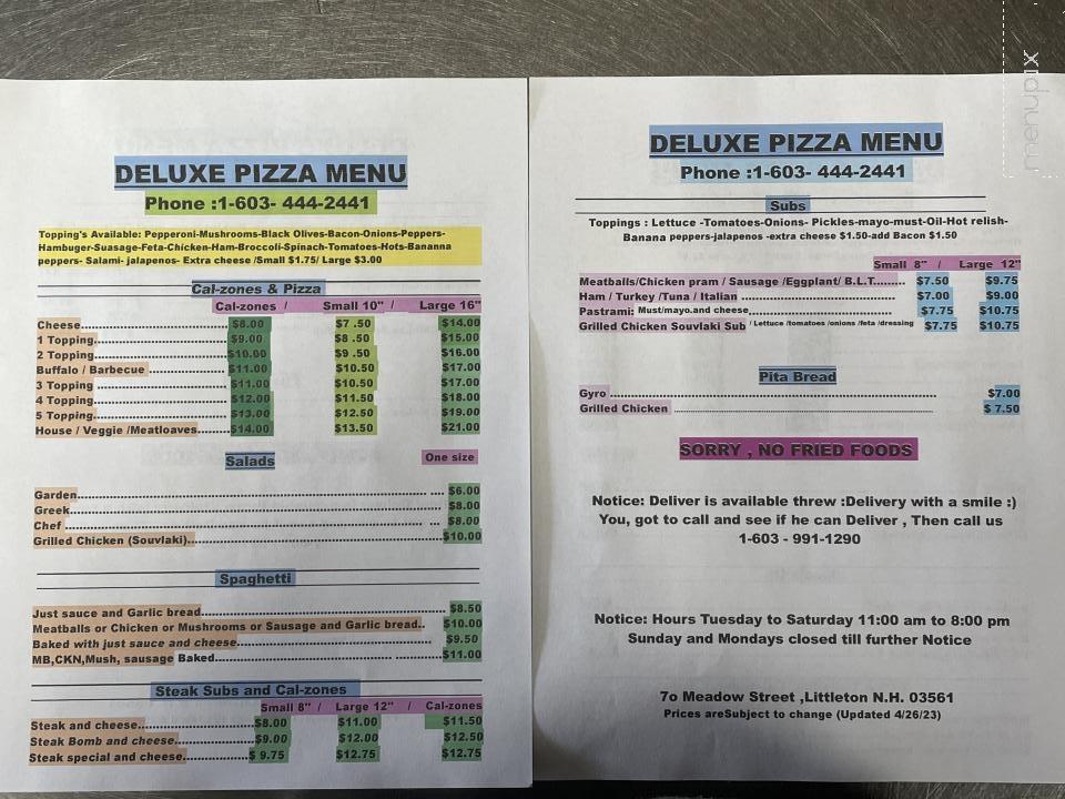 Deluxe House Of Pizza - Littleton, NH menu_pic