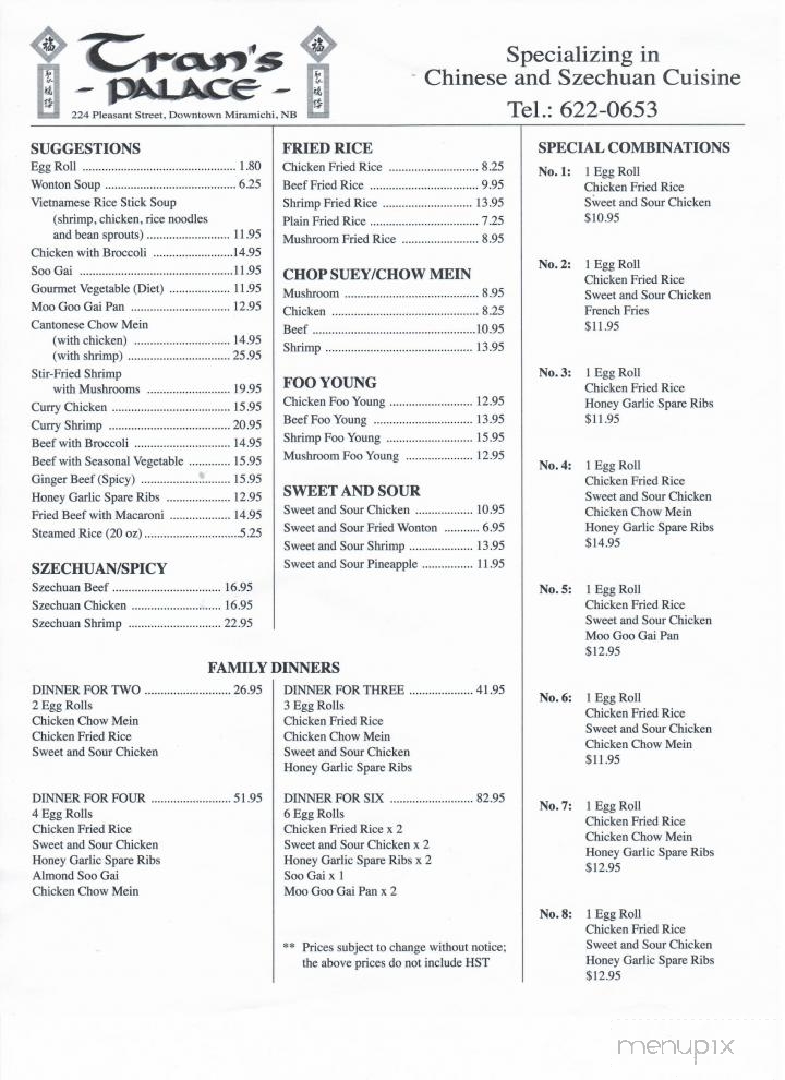 Tran's Palace Restaurant - Miramichi, NB menu_pic