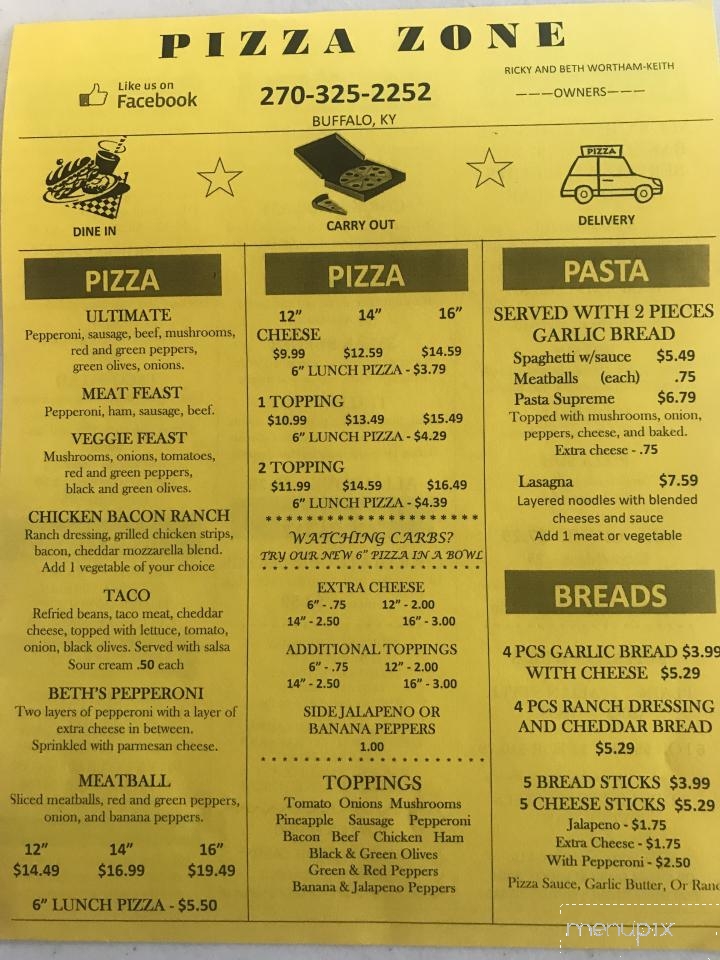 Pizza Zone - Buffalo, KY menu_pic