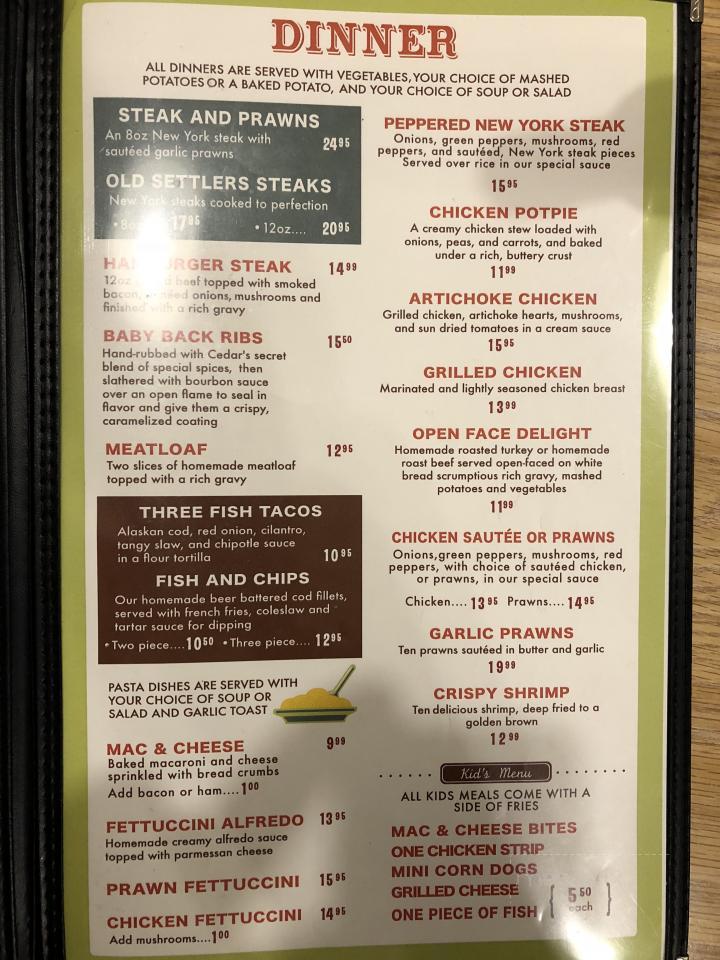 Menu of Cedar's Restaurant & Lounge in Ferndale, WA 98248