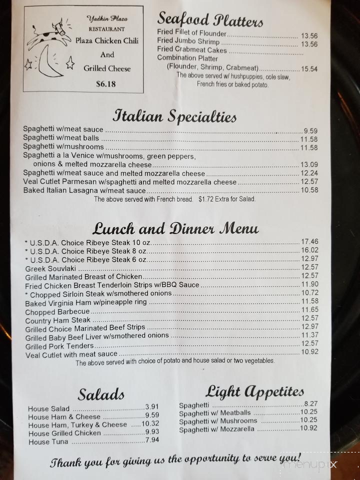 Yadkin Plaza Family Restaurant - Yadkinville, NC menu_pic