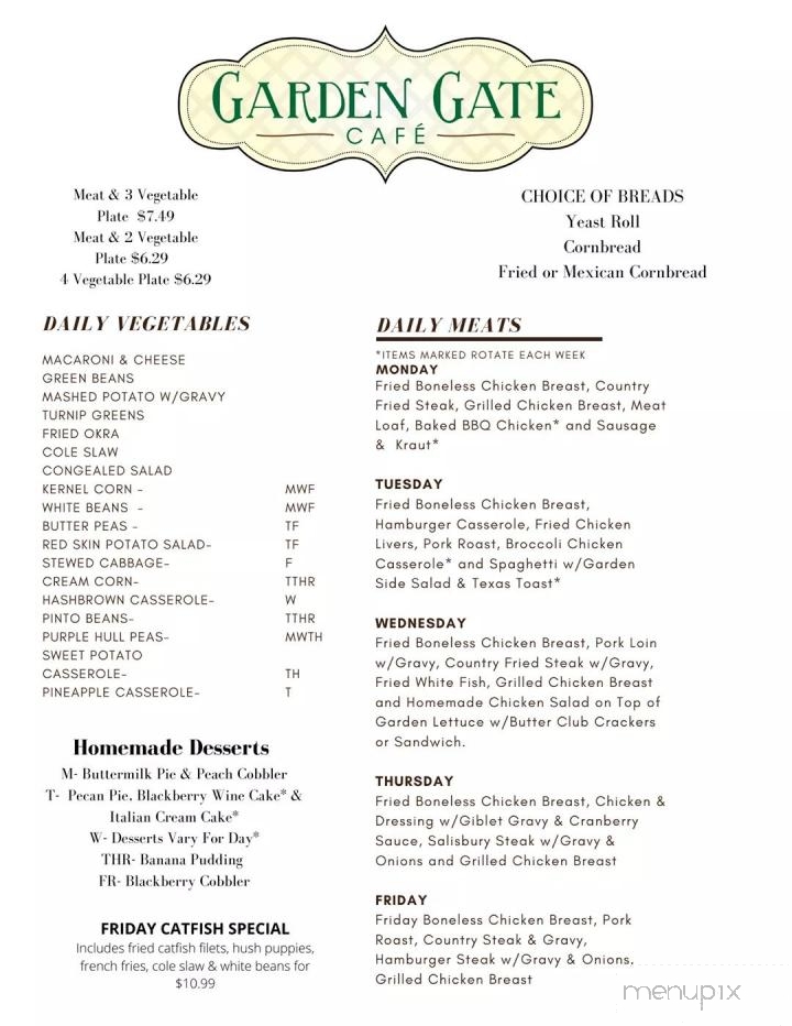 Menu Of Garden Gate Cafe In Muscle Shoals Al 35661