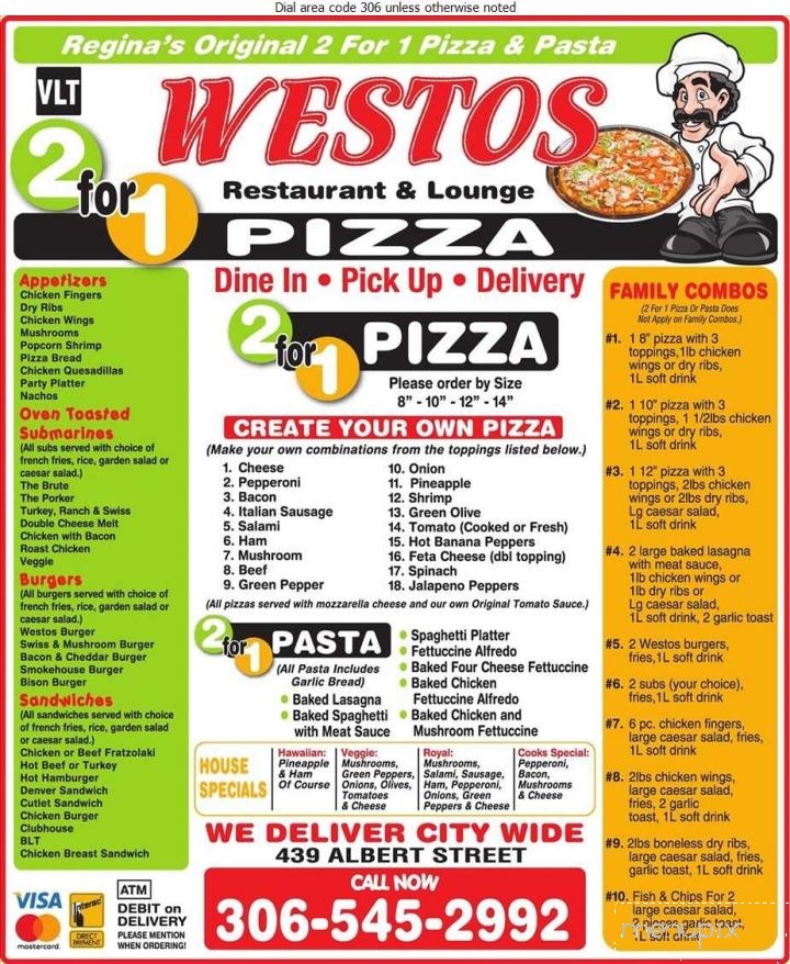 Westos 2 For 1 Pizza & Pasta - Regina, SK menu_pic