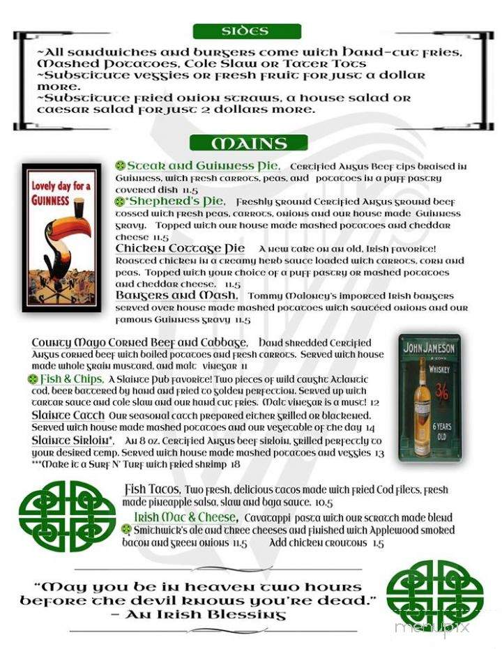 Slainte Irish Pub Monkey Junction - Wilmington, NC menu_pic