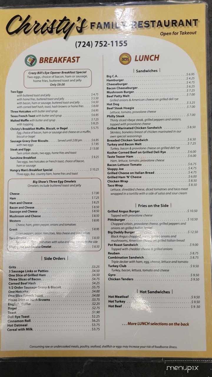 Christy's Restaurant - Ellwood City, PA menu_pic