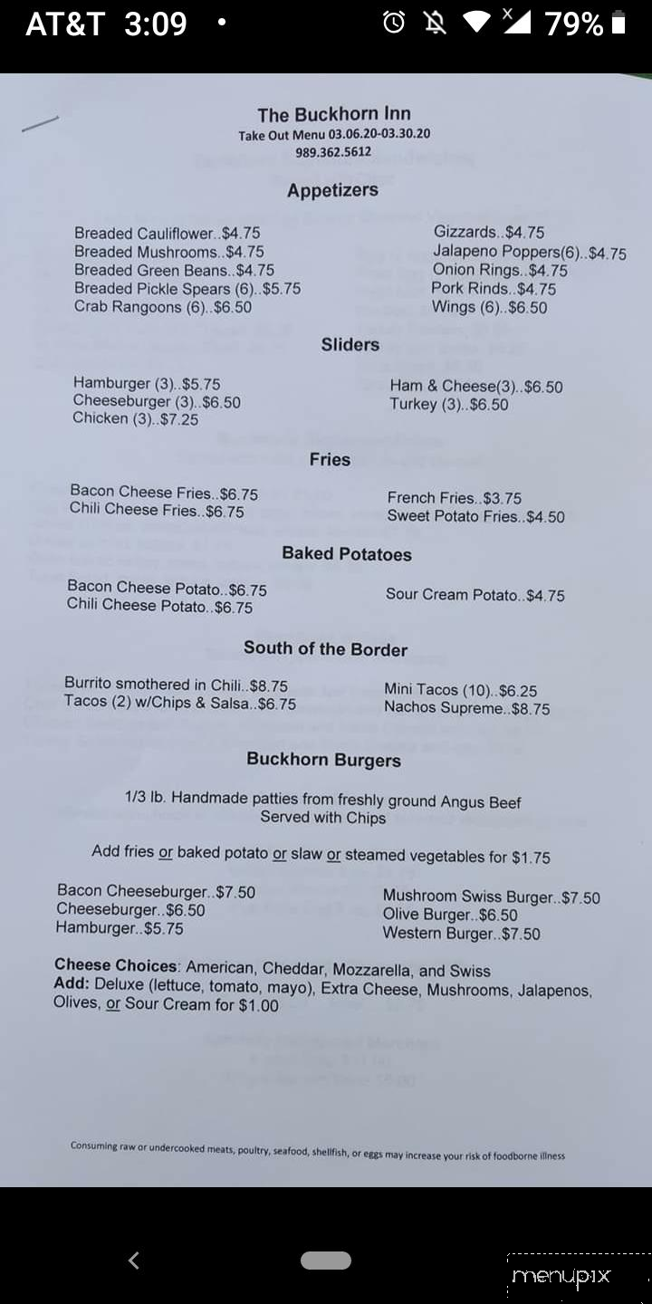 Buckhorn Inn - Tawas City, MI menu_pic