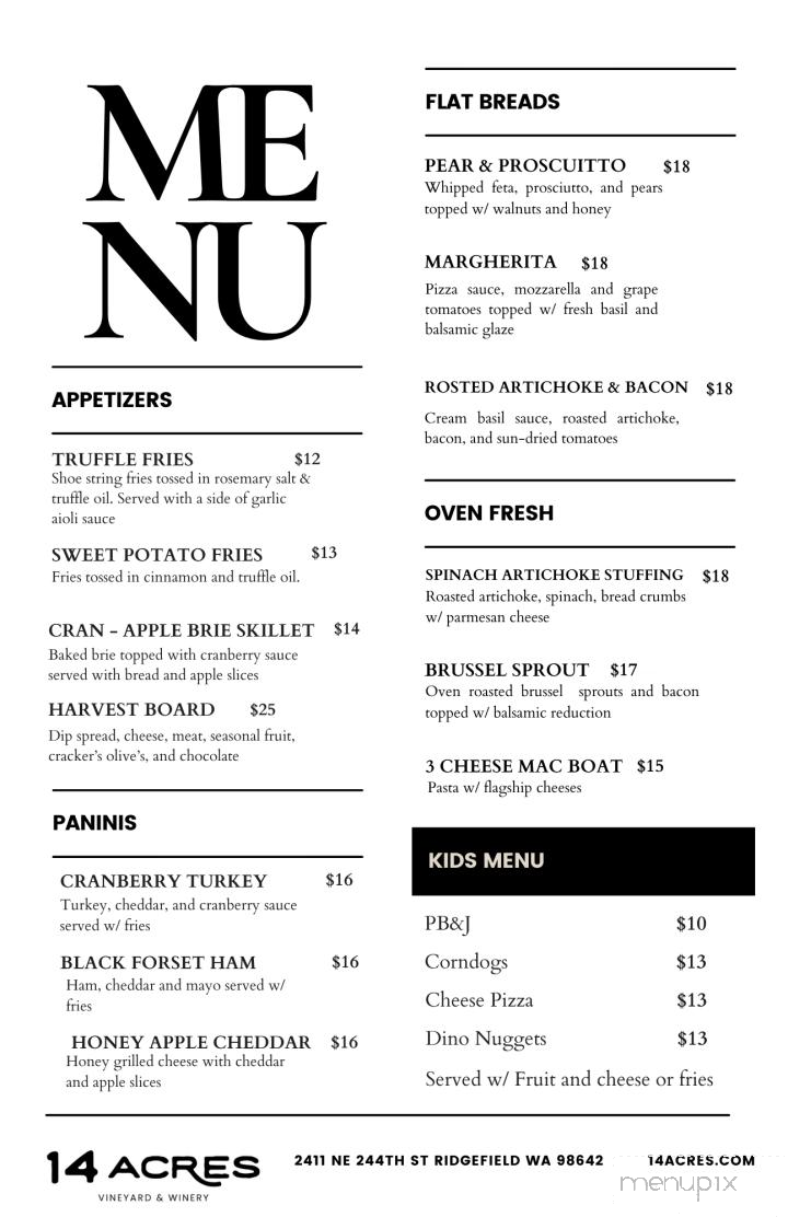 14 Acres Vineyard & Winery - Ridgefield, WA menu_pic