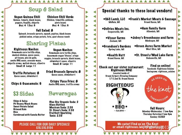 Righteous Cuisine - Grand Haven, MI menu_pic