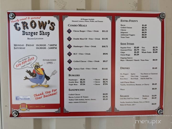 Crow's Burger Shop - Belton, TX menu_pic
