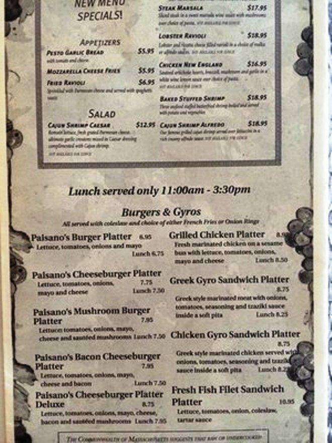 Paisanos Restaurant & Pizzaria - Southampton, MA menu_pic